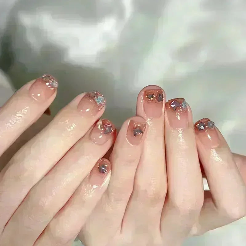 24pcs Cute Girly Short Square False Nails Sweet White French Nail Glitter Star Rhinestones Nail Art Cat Eye Bow Press On Nails