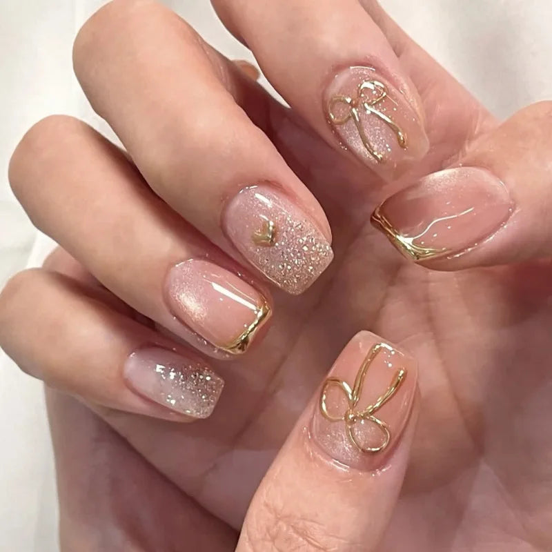 24pcs Cute Girly Short Square False Nails Sweet White French Nail Glitter Star Rhinestones Nail Art Cat Eye Bow Press On Nails