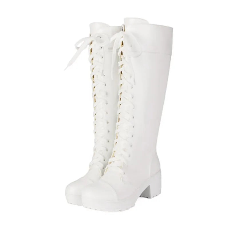 Women's Shoes Fashion Womens Knee High Boots Designer Lace Up Combat Boots Chunky Platform Goth Boots for Women Plus Size 34-48
