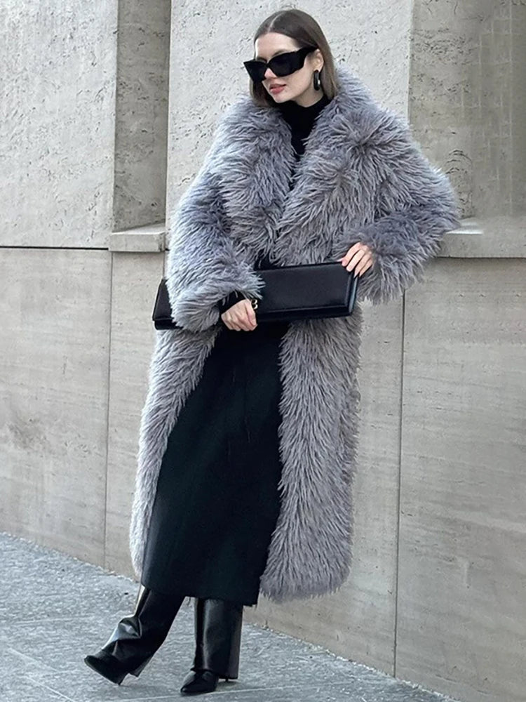 DEAT Fashion Gray Long Imitation Fur Coat Women's Lapel Loose Long Sleeves Plush Thick Overcoat Winter New 7A1438