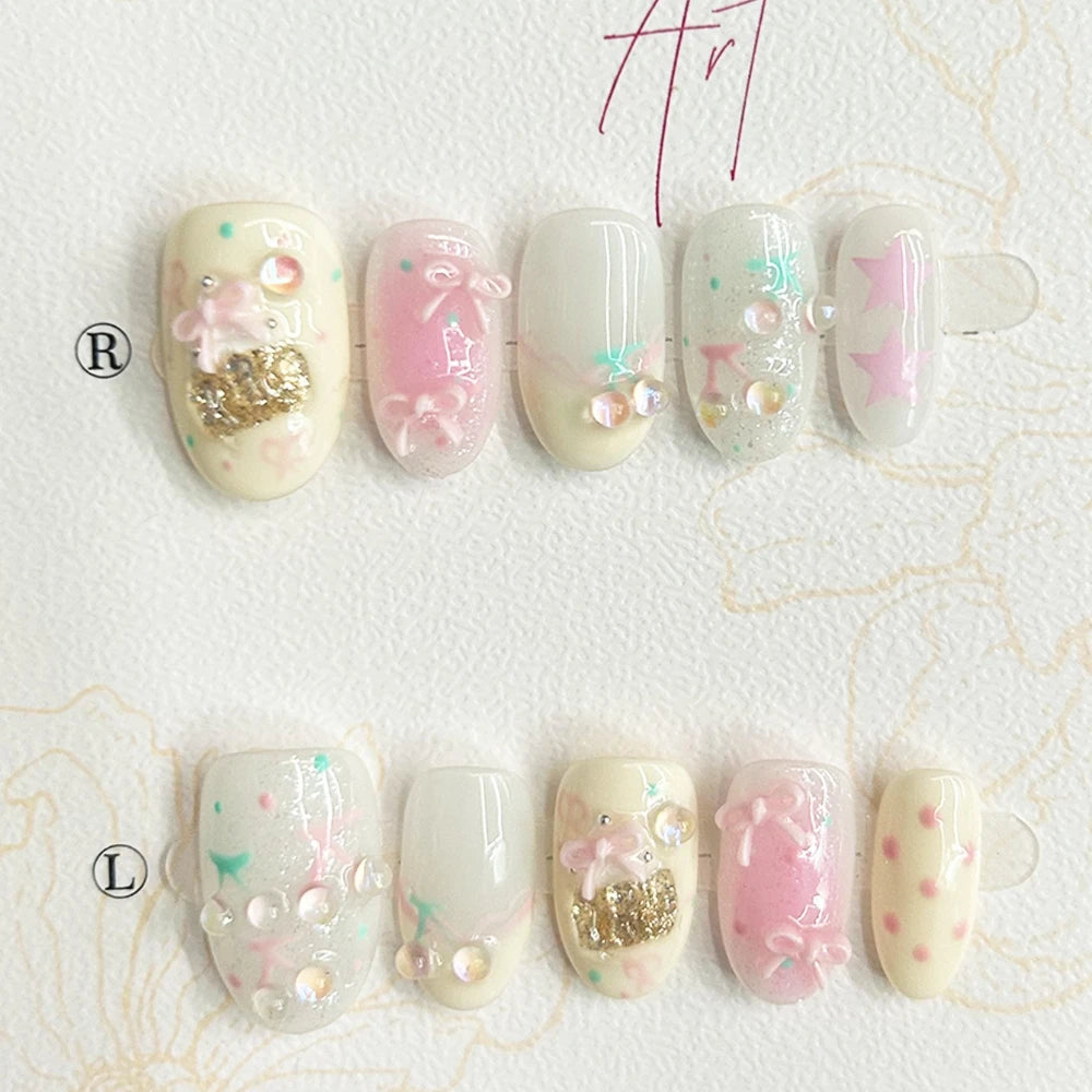 Cute Cheese Cherry Pink Handmade Press On Nails Bow Ice Cream Dreamy Hand-Painted Collection Fake Nails Removable Reusable