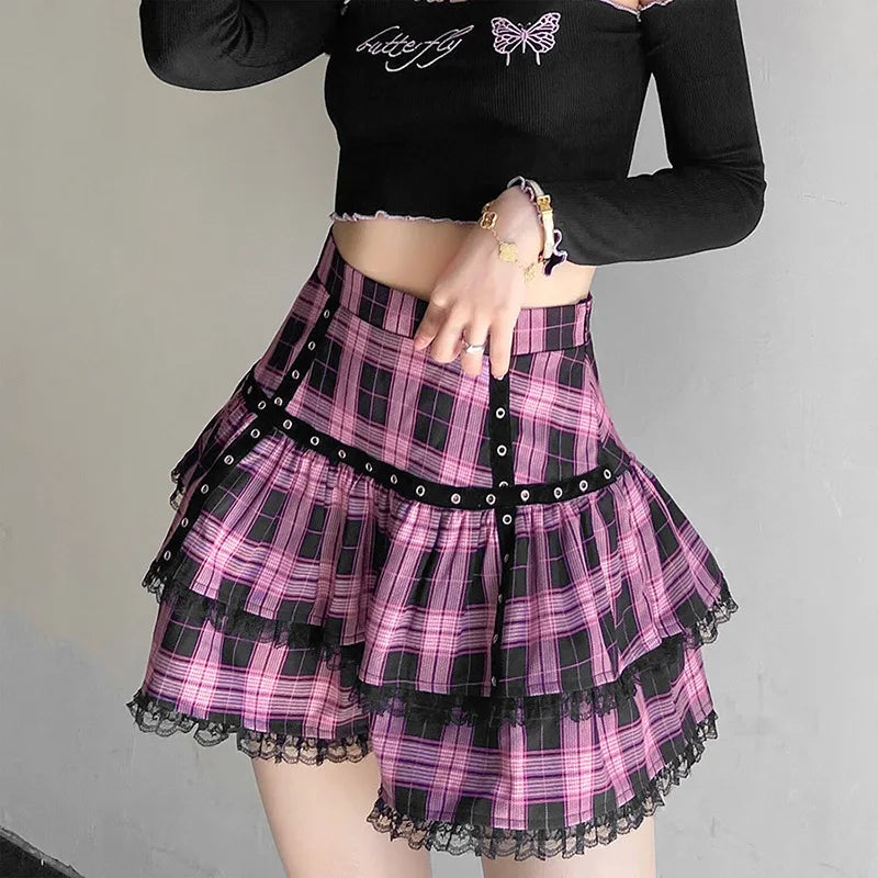 Mall Goth Gothic Lace Ruffle Mini Skirts Womens Harajuku Fairy Grunge Pink Plaid Pleated Skirt Japanese Lolita Streetwear