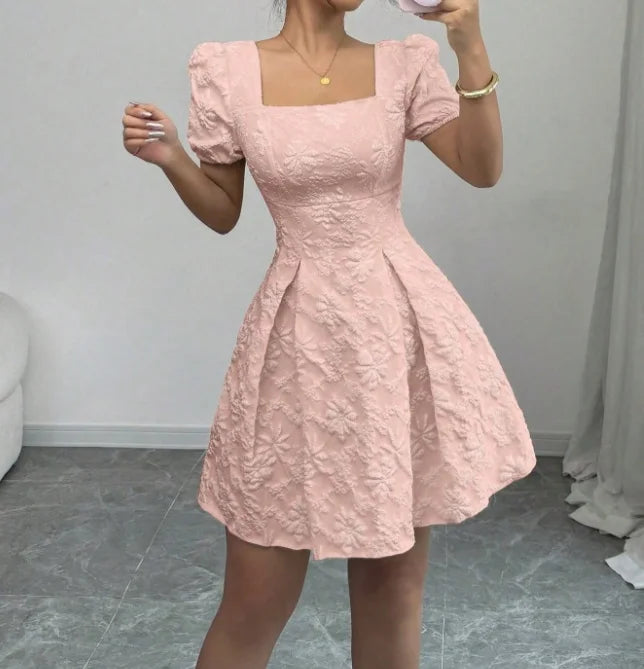 Smvp Ladies' light blue jacquard A-line dress, square neck, puffed sleeves, high waist, elegant and casual short dress