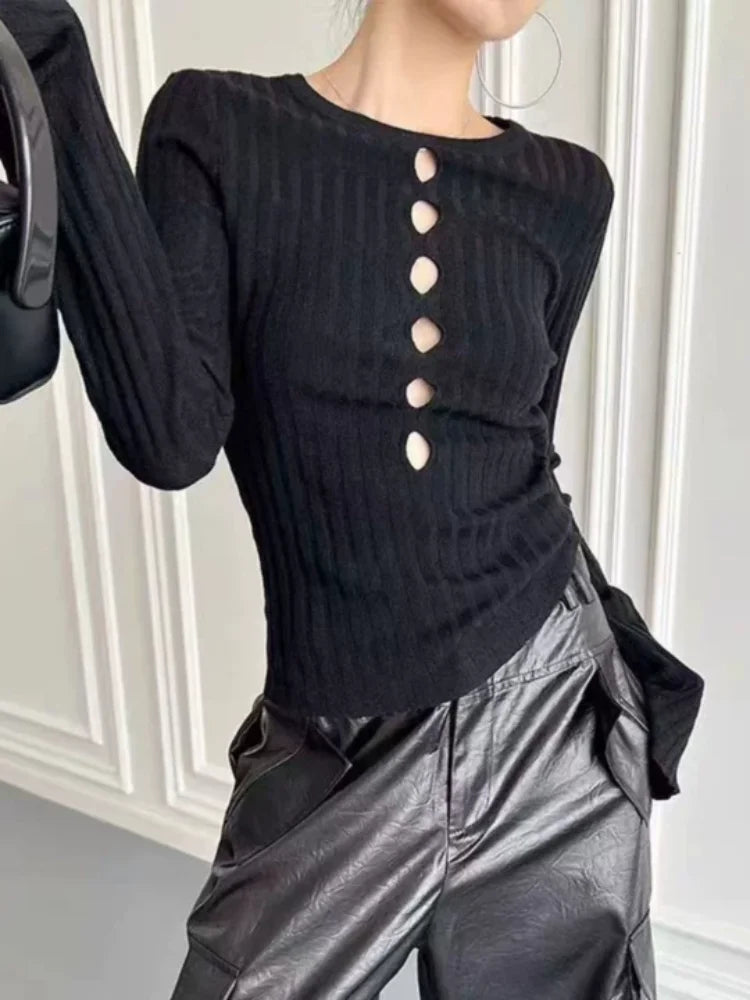 American retro spicy girl hollow hole knitted women's sweater autumn and winter Y2K retro slim fit women's tops millennium style