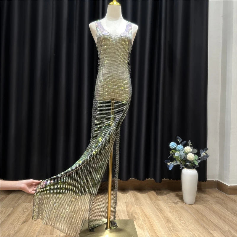 Women Evening Party Glitter Long Dress Sexy Side High Slit Black Shining Luxury Spaghetti Strap High Split Dresses with Sequins