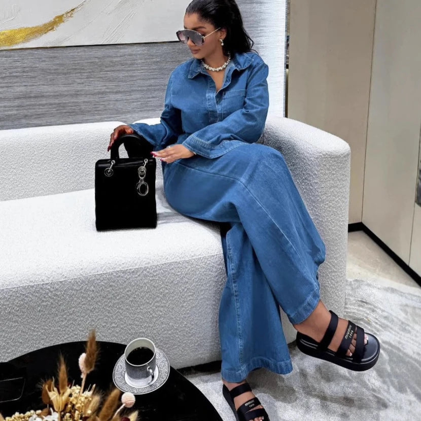 Denim Two-Piece Set (Shirt + Wide-Leg Pants) | Inspired by Hande Erçel