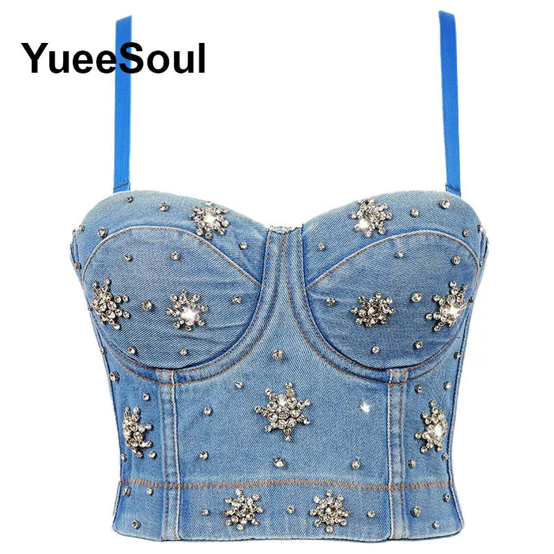 Denim Crop Tops Pearl Tassel Diamond Flower Blue Sleeveless Sexy Corset 2000s 2026 Summer New Y2K Party Evening Woman Clothes