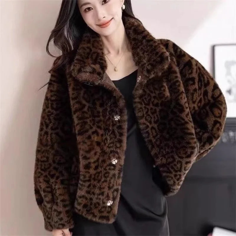 Leopard Print Fur Coat Women 2026 Autumn Winter Fashion Short Mink Jacket Thickened Warm Outerwear W1982