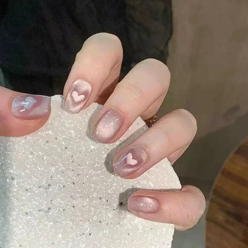 24pcs Cute Girly Short Square False Nails Sweet White French Nail Glitter Star Rhinestones Nail Art Cat Eye Bow Press On Nails