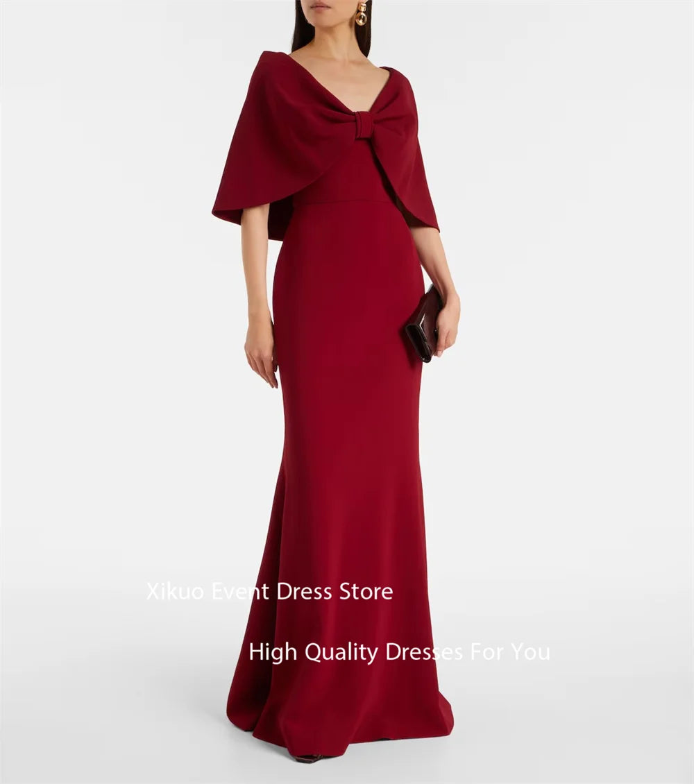 Xikuo Burgundy V Neck Evening Dresses Half Sleeves Bow Mermaid Prom Gowns Floor Length Pleated Sukienka Wieczorowa Customized