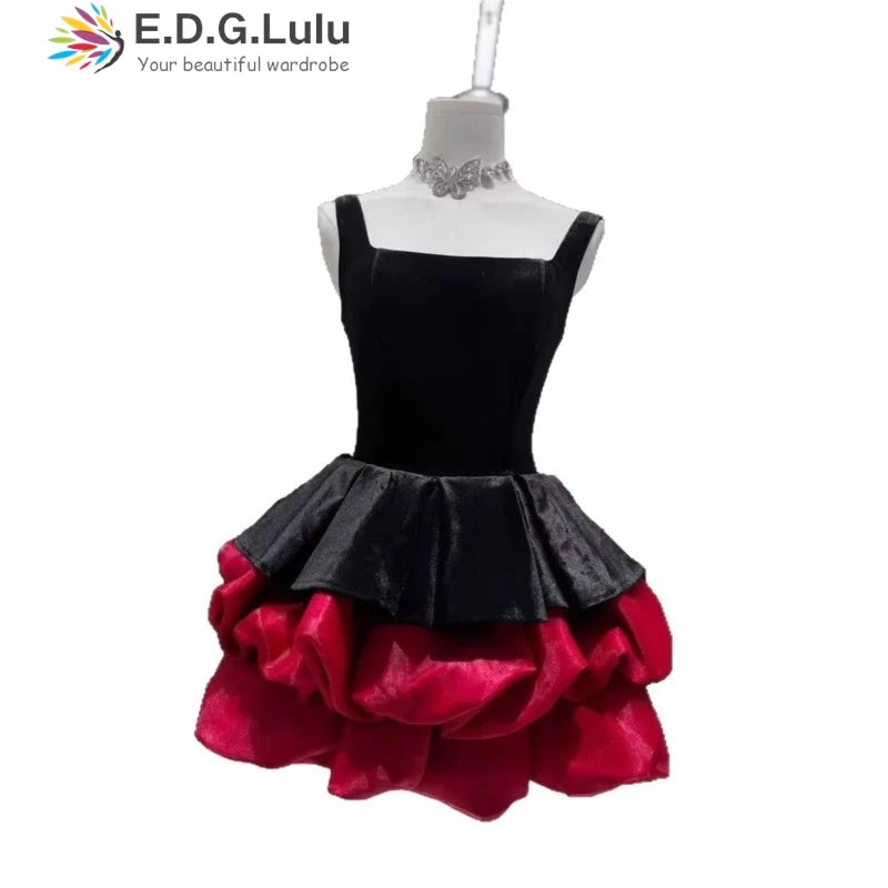 EDGLuLu Sexy Backless Square Collar Sleeveless Mini Dresses For Woman Party Wedding Red Patchwork Black Birthday Dress 1021