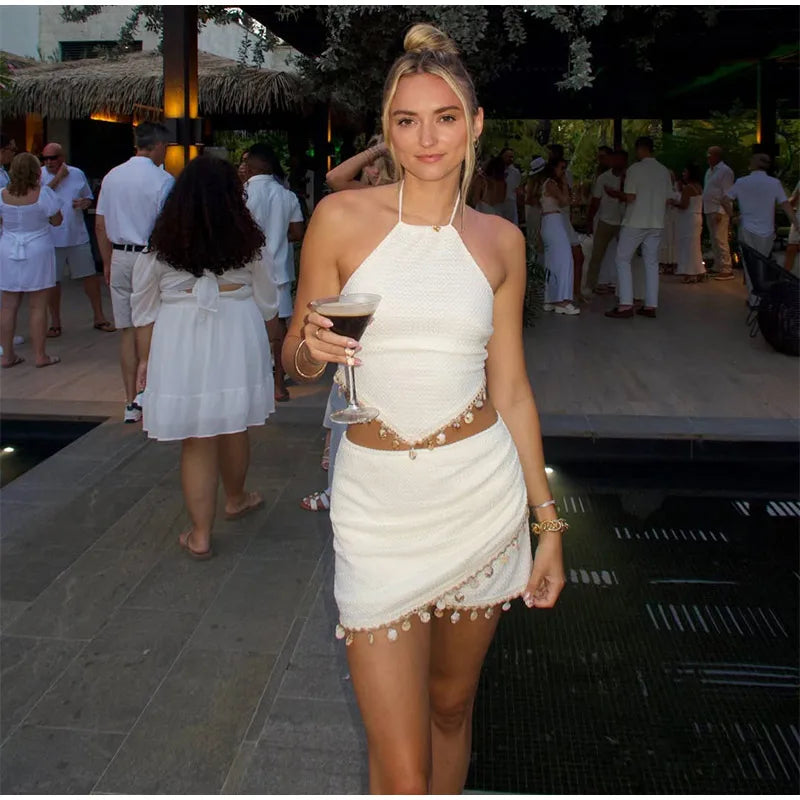Sequin V-Neck Lace Top Ruffle Skirt Set Slim Fit Sleeveless Sheer 2026 Summer Beach Women Co-ord Fashion Vacation Lady Outfit