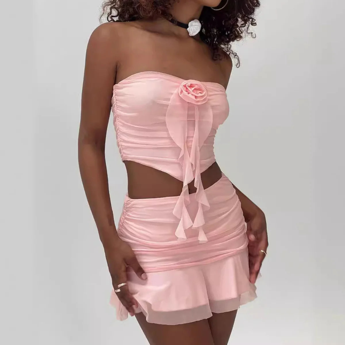Pink Sweet Layered Mini Skirt Set Strapless Crop Top Ruffled Short Skirt Sets Women Sexy Fashion Tops Clubwear Summer Y2K Outfit