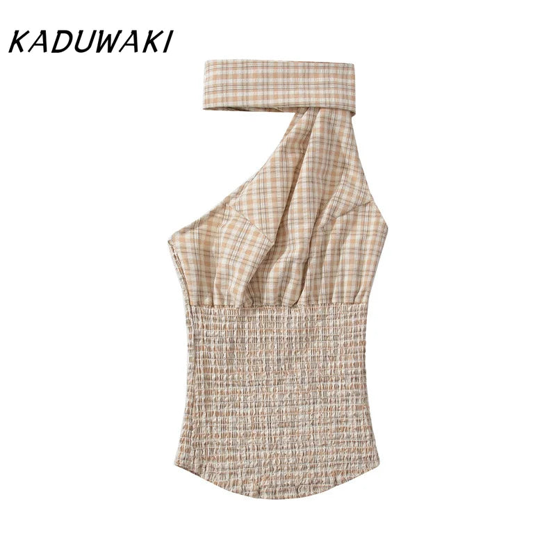 KADUWAKI Summer Plaid Printed Hanging Neck Sloping Shoulder Lace Up Slim Fit Top Khaki Mini A-line Fluffy Skirt 2-piece Sets Y2k