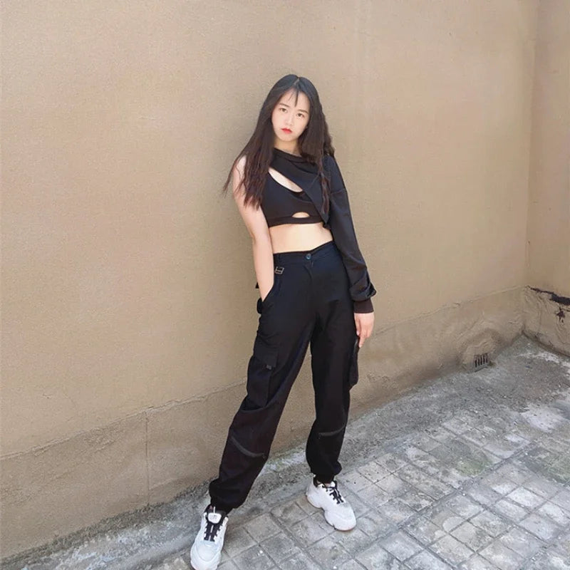 Kpop Korean Singer Black Cropped Vest Hoodies Dance Outfits Jazz Stage Costume Nightclub Women Group Hip-Hop Dance Costume 2025
