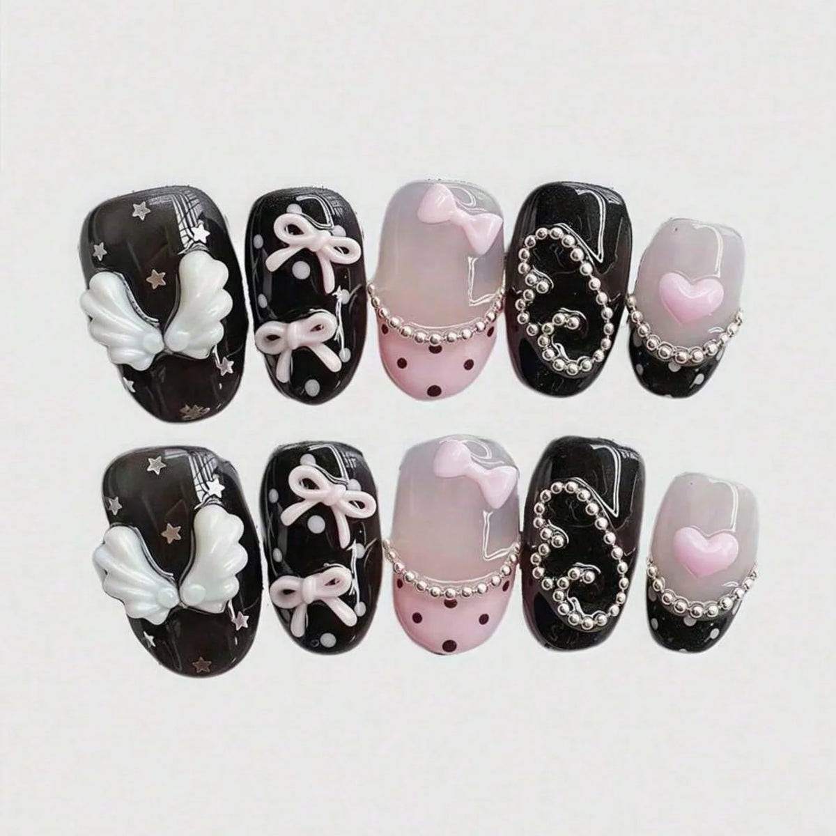 Handmade Short Round Pink Bow Press-On Nails