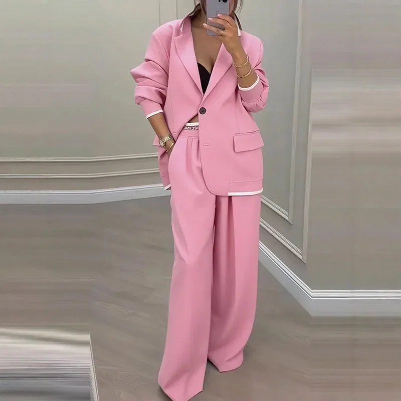 Women's Pants Suit Loose Solid Color Autumn Winter Commuting Long sleeved Lapel Top Wide leg Trousers Two piece Set Clothing