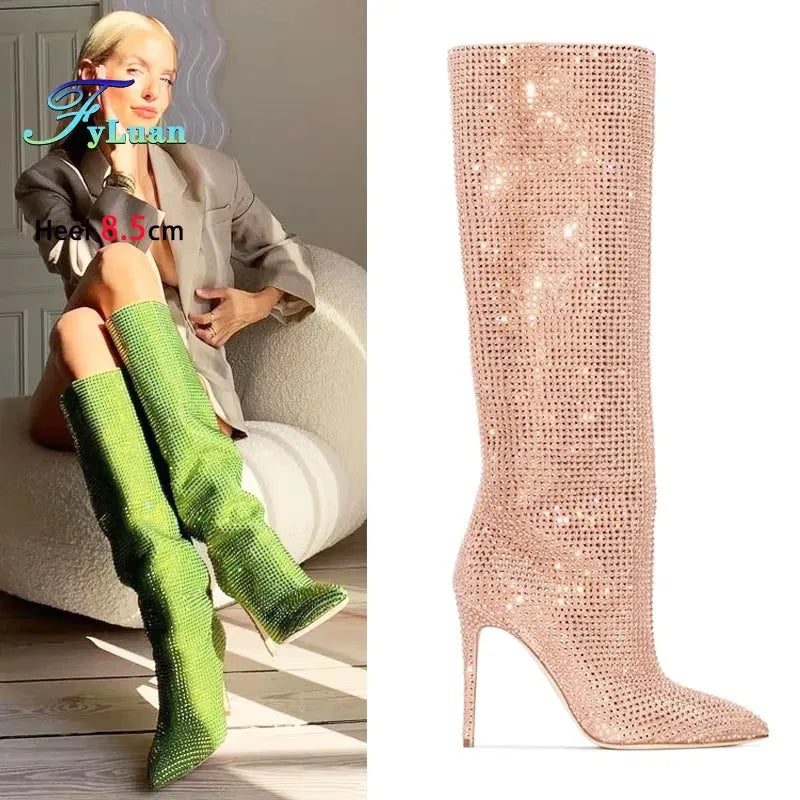 Gorgeous Rhinestones Boots Full Crystal Diamond Star Stage Shoes Women Pointy Knee-high 8.5CM Thin Heel Glitter Party Long Boots