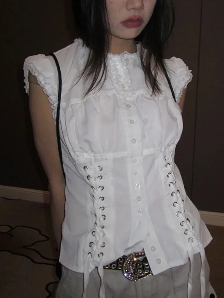 Y2k Aesthetic Ladies Single Breasted Tops Harajuku Vintage Bandage Grunge Shirt Women Lace Patchwork Slim Sweet Cropped Blouse