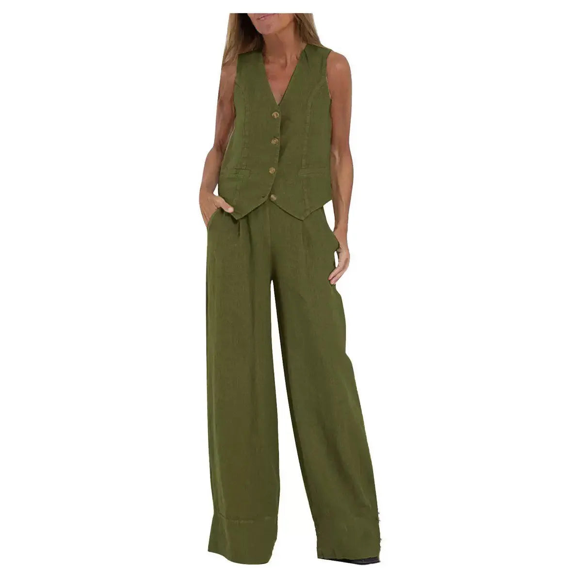 Womens Cotton Linen 2 Piece Sets  Sleeveless Suit Button V-Neck Vest and Wide Leg Pants Casual Blazer Matching Outfit