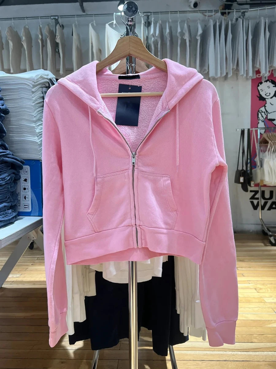 New Pink Zip-up Hoodie Woman Autumn Slim Zipper Drawstring Hooded Long Sleeve Cotton Sweatshirt Sweet Prppy Style Cute Crop Tops