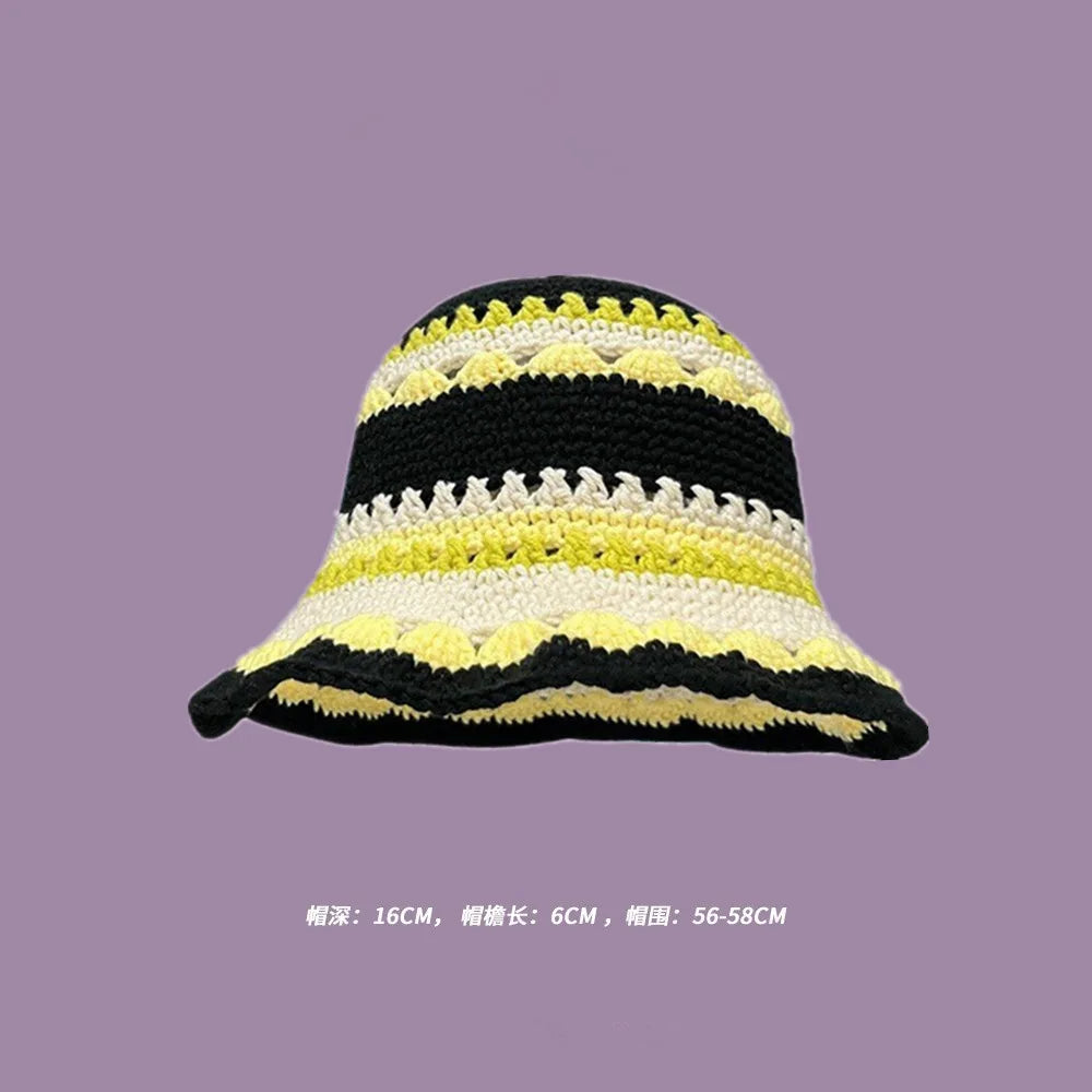 2023 Autumn New Crochet Korean Handmade Bucket Hat Women Weaving Knitted Hat  Fashion Flowers Autumn Winter Beanies Basin Cap