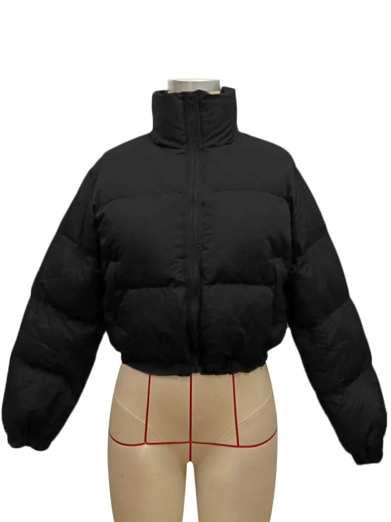 Women Solid Parkas Jackets Stand Collar Long Sleeve Zip-up Thick Warm Quilted Coats Fashion Casual Cotton Padded Outerwear