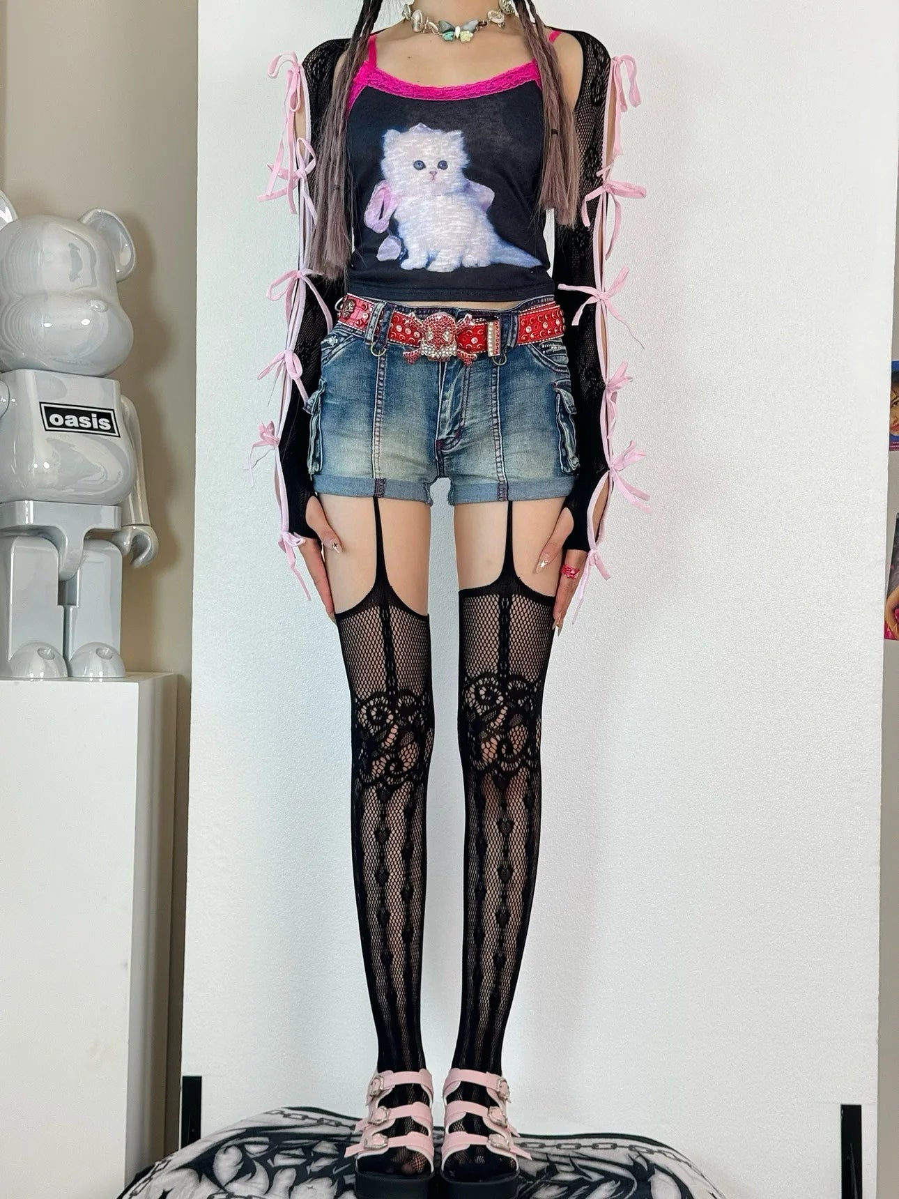 Women Hollowed Fishnet Garter Belt Pantyhose Spicy Girl Sexy Open Crotch Punk Heart Patterned Sheer Thigh High Suspender Tights#
