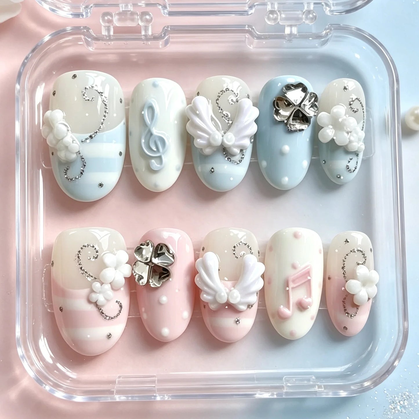 10 pieces of hand pressed oval nails, beautiful fake nails, pink blue clover, suitable for women to use