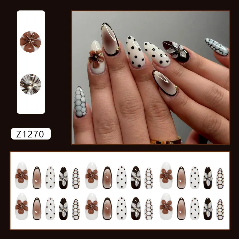 24pcs Sweet Pink Press On Nails Pink Bowknot Design French Almond Fake Nails Glossy Fashion Korean False Nail Patches Manicure