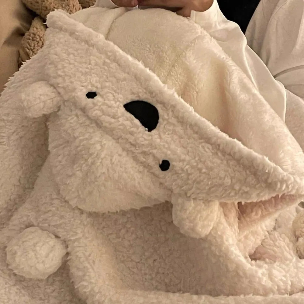 Winter Kawaii Bear Hooded Blanket Soft Keep Warm Blanket Shawl Throw Blanket Fleece Material Wearable Blanket Winter Season