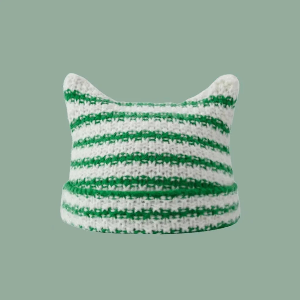 Y2K Cat Ears Striped Knitted Beanie | Inspired by Wonyoung