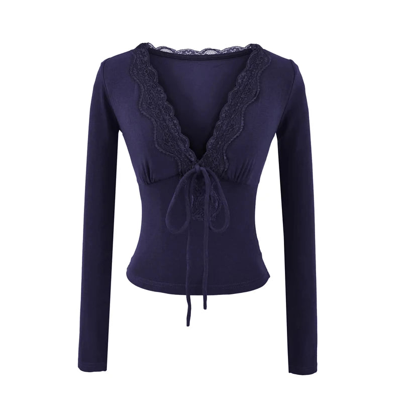 Women's Lace Trim Plunge V Neck Long Sleeved Slim Fit Top