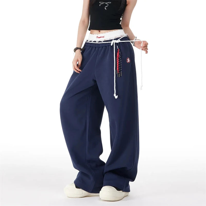 Blue Sweatpants Women Harajuku High-Waisted Loose Fashion Casual Wide-Leg Pants Lazy Tie Street Dance Jazz Hip-Hop Trousers