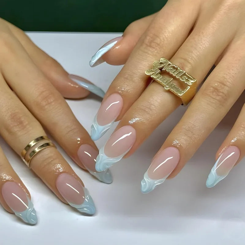 30Pcs False Nails Summer Ocean Style with Cool 3D French Tips High-Quality Press-On Nails Perfect As A Gift for Girls and Friend