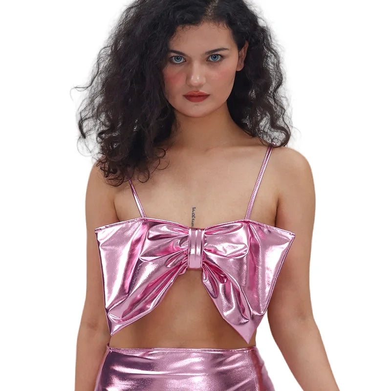 Bow Tie Sexy Spaghetti-strap Top Gilded Lacquered Costume Stage Performance Outfits Sweet Clothes for Women Summer