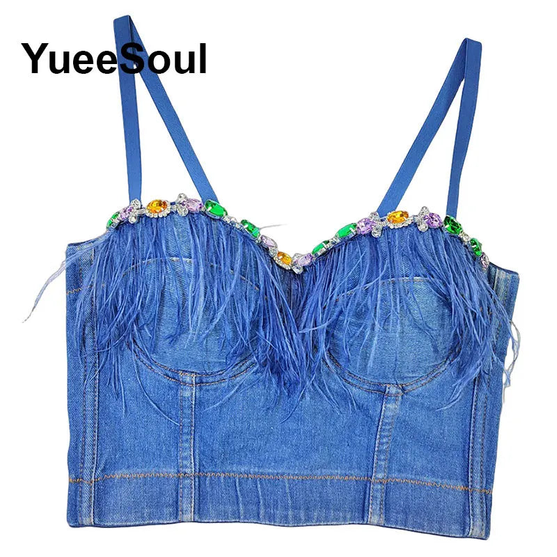 Denim Crop Tops Pearl Tassel Diamond Flower Blue Sleeveless Sexy Corset 2000s 2026 Summer New Y2K Party Evening Woman Clothes