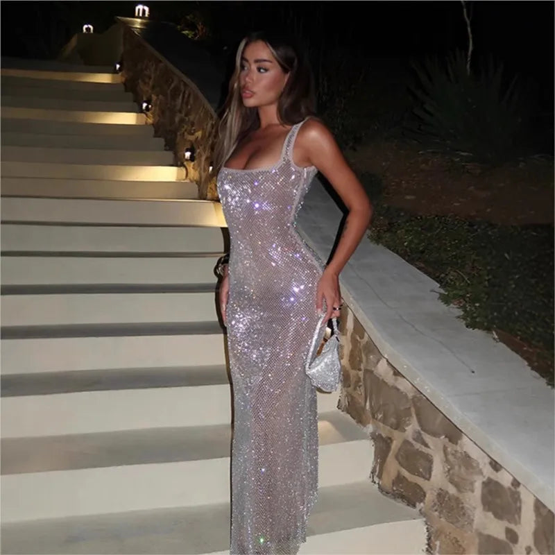 Elegant Square Collar Mesh Hollow Out Sequin Glitter Dresses Solid Suspender High Quality Shiny Long Dress Women Party Vestidos