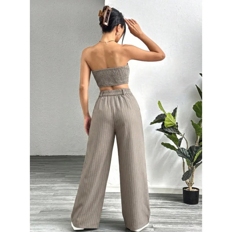 Women's Striped 2 Piece Outfit Tube Top and High Waist Wide Leg Pants Set