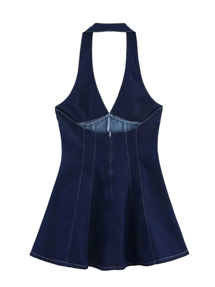 Chu Sau beauty Women New Fashion Vintage Halter Neck Chic Sleeveless Short Denim Dress Sexy Slim Backless Mini Dresses