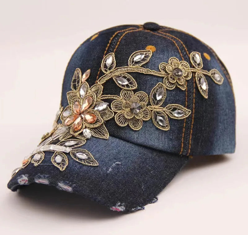 Ladies' Denim Hat Handcrafted Diamond-Studded Baseball Cap Floral Hat Fashion Rhinestone Visor Cap