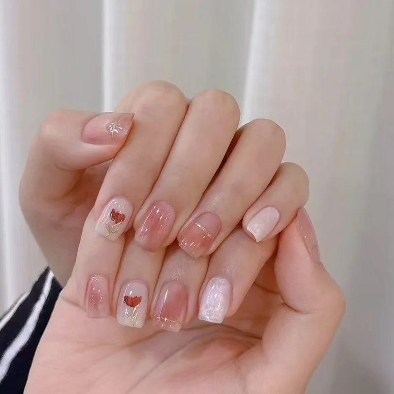 24pcs Cute Girly Short Square False Nails Sweet White French Nail Glitter Star Rhinestones Nail Art Cat Eye Bow Press On Nails