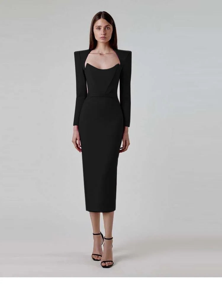 2025 Women Celebrity Sexy Long Sleeve Square Collar Rose Red Maxi Long Mini Bandage Dress Elegant Evening Club Party Outfit