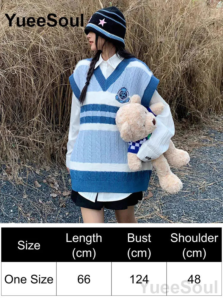 Blue Argyle Women's Vest Plaid Sleeveless Pullover Loose Knitted Sweater Vest 2026 New Autumn Y2K Casual Oversized Waistcoat