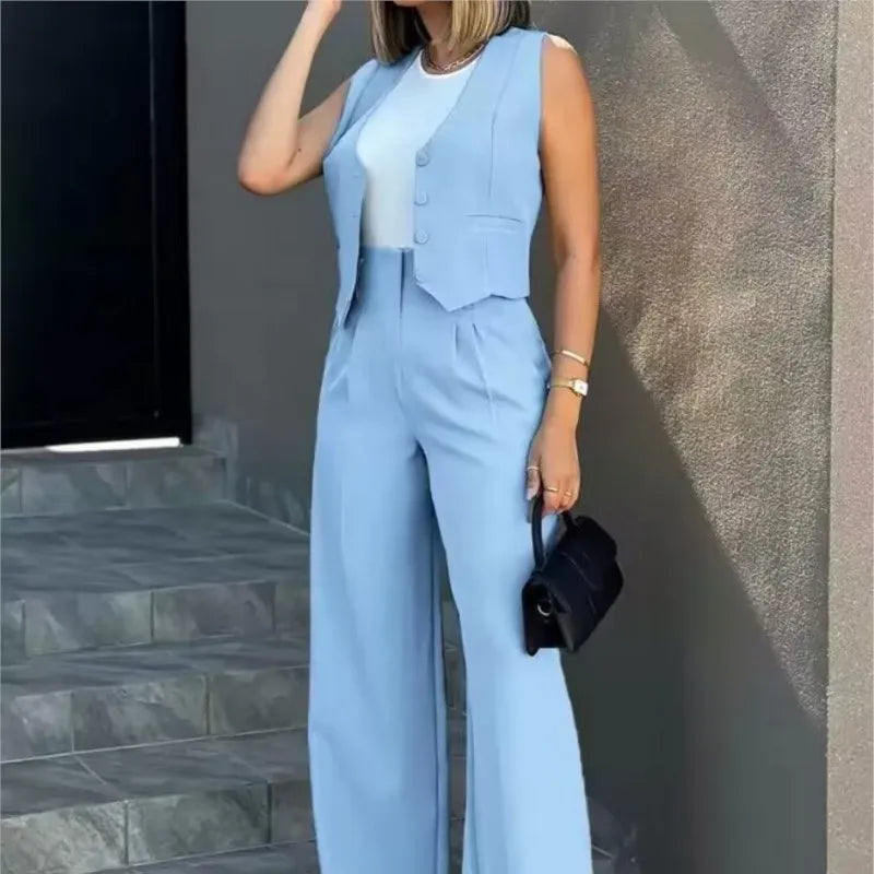 Women's Casual Waistcoat Wide Leg Pants Suit Elegant Sleeveless Vest Trousers 2 Pieces Set Solid Color Commuter Lady  Pants Set