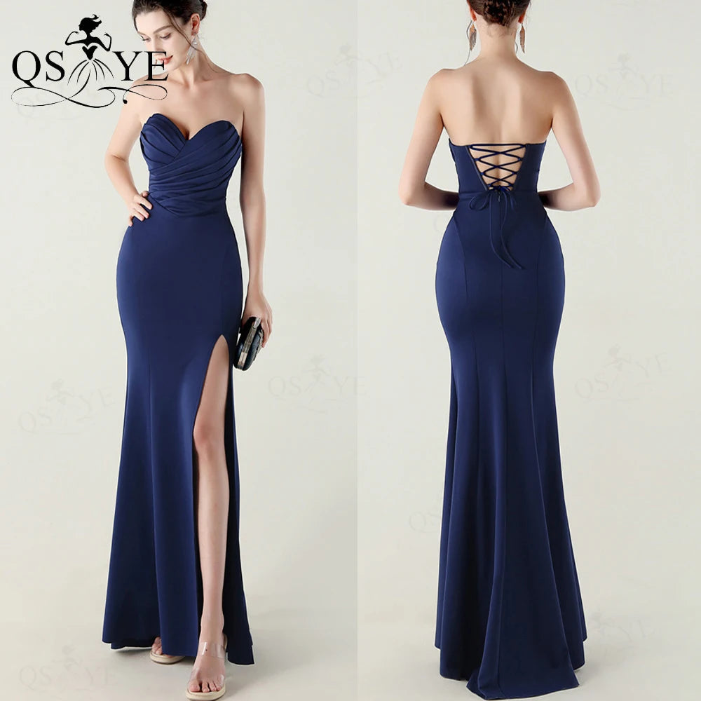 Off-Shoulder Ruched Bodice Mermaid Satin Floor-Length Prom Gown with Slit | Inspired by Beren Saat