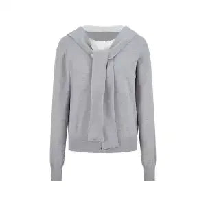 Women Korean Contrast Fake Two Piece Knit Top Autumn Tie Sailor Collar Long Sleeve Sweater