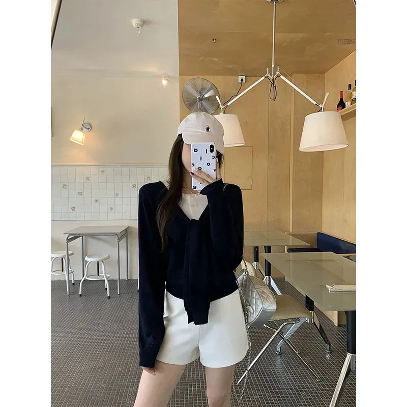 Women Korean Contrast Fake Two Piece Knit Top Autumn Tie Sailor Collar Long Sleeve Sweater