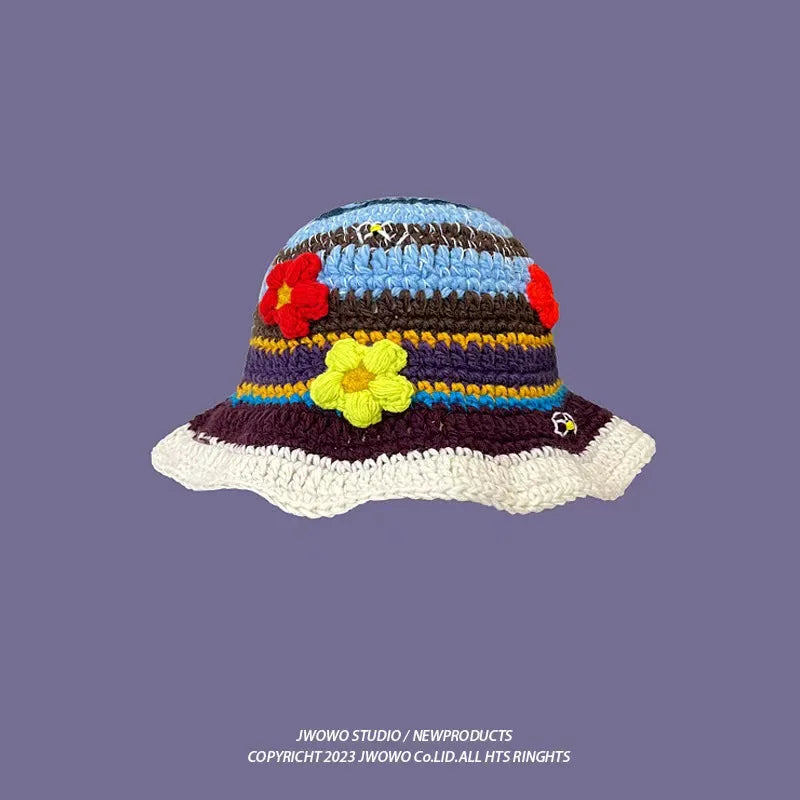 2023 Autumn New Crochet Korean Handmade Bucket Hat Women Weaving Knitted Hat  Fashion Flowers Autumn Winter Beanies Basin Cap