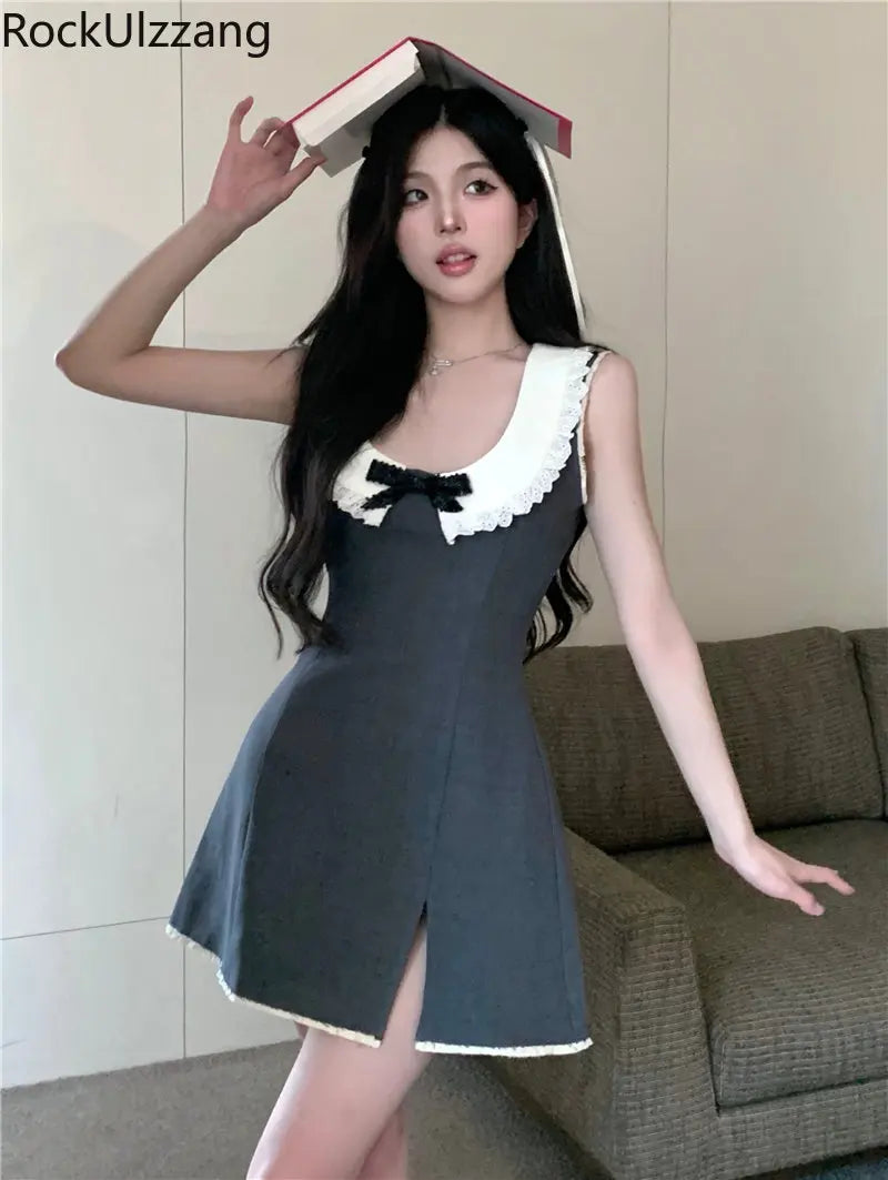 Contrast White Bow Peter Pan Neck Gray Slit Mini Dress Lolita Kawaii dresses elegant women y2k clothing summer korean fashion